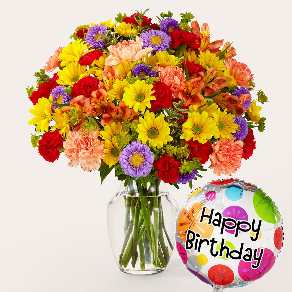 Kaleidoscope Bouquet with Birthday Balloon – Golden Gate Flowers, Naples FL