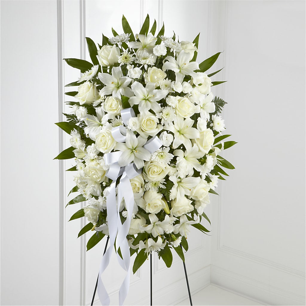 Exquisite Tribute Standing Spray-White Ribbon – Golden Gate Flowers, Naples FL